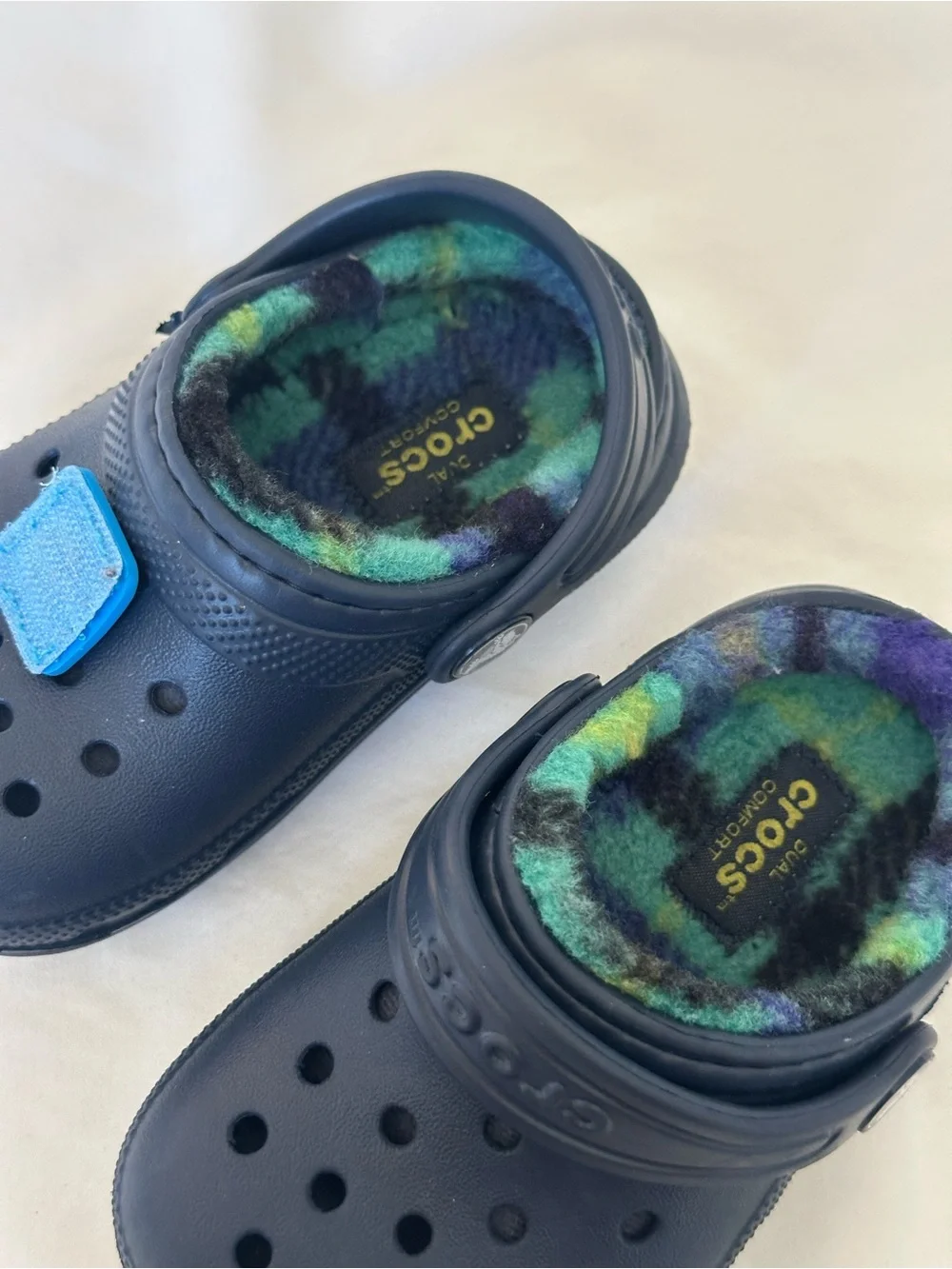 CROCS Kids Navy Clog with Blue Charm & Green/Purple Camo Lining
